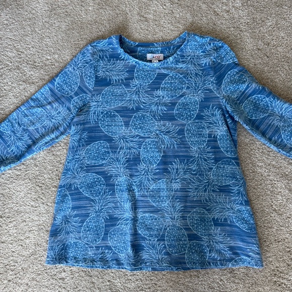 Denim & Co. printed jersey round-neck 3/4 sleeve swing top - Picture 6 of 10